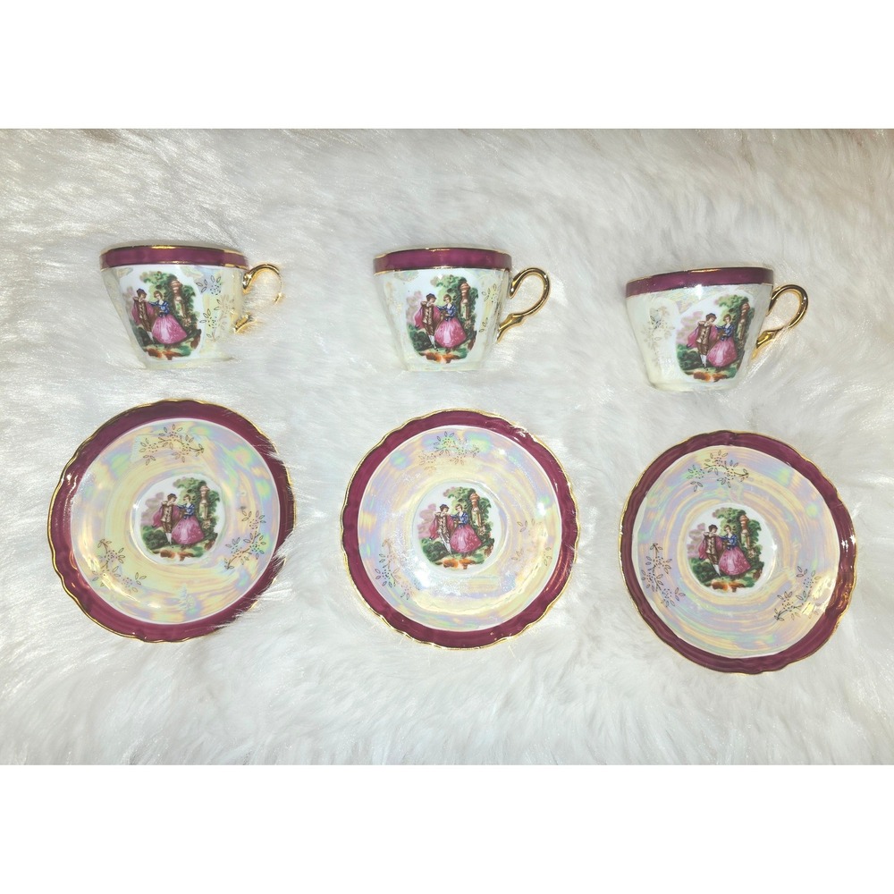 Vintage Opalescent Lustreware Fragonard Courting Couple Tea‎ Set - Maroon & Gold